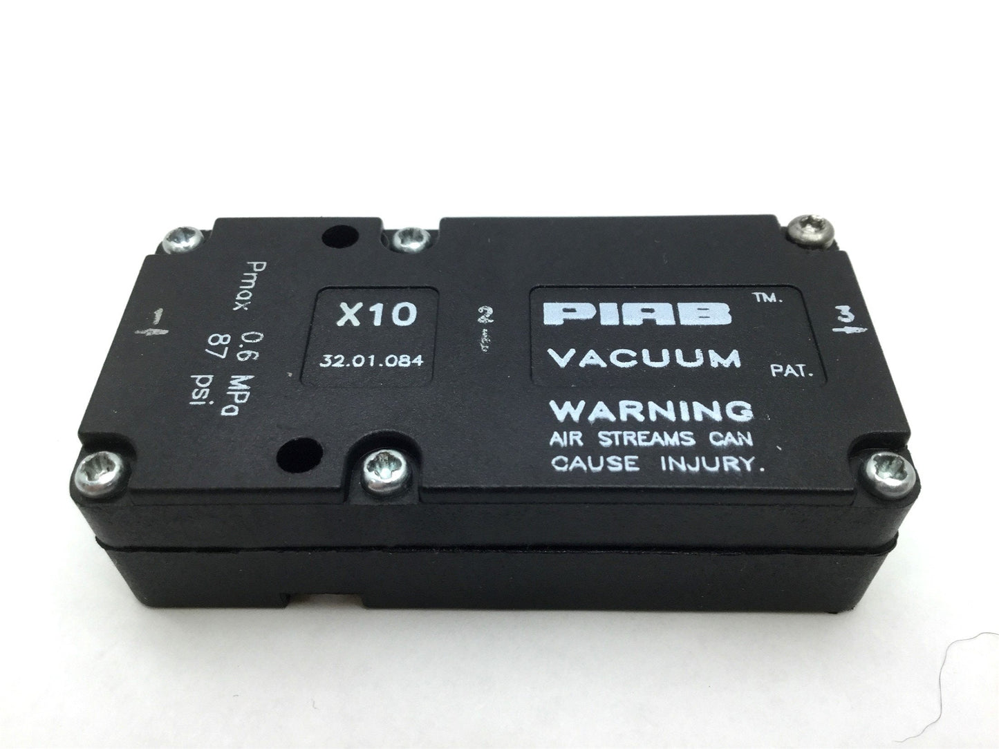 Used PIAB X10 32.01.084 Vacuum Pump 18inHg 87 PSI 0.6MPa Max In: 1/8"NPT Out: 10-32
