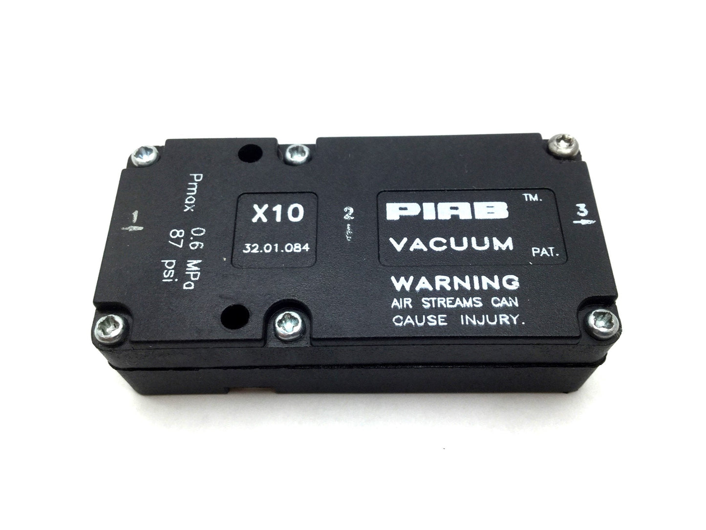Used PIAB X10 32.01.084 Vacuum Pump 18inHg 87 PSI 0.6MPa Max In: 1/8"NPT Out: 10-32