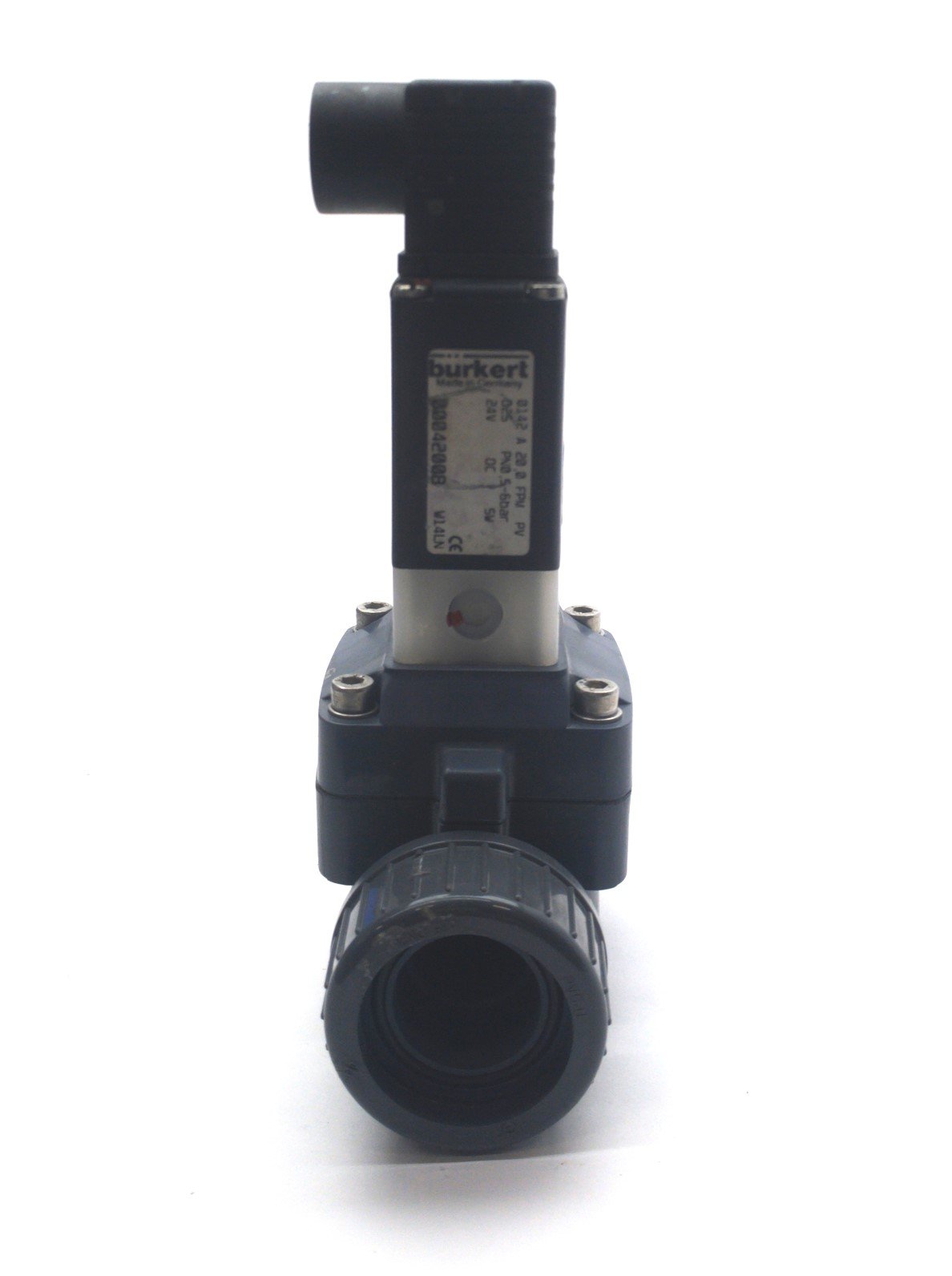 Used Burkert 42008 Solenoid Diaphragm Valve, 2-Way, NC, 7-85PSI, 1" True Union, 24VDC