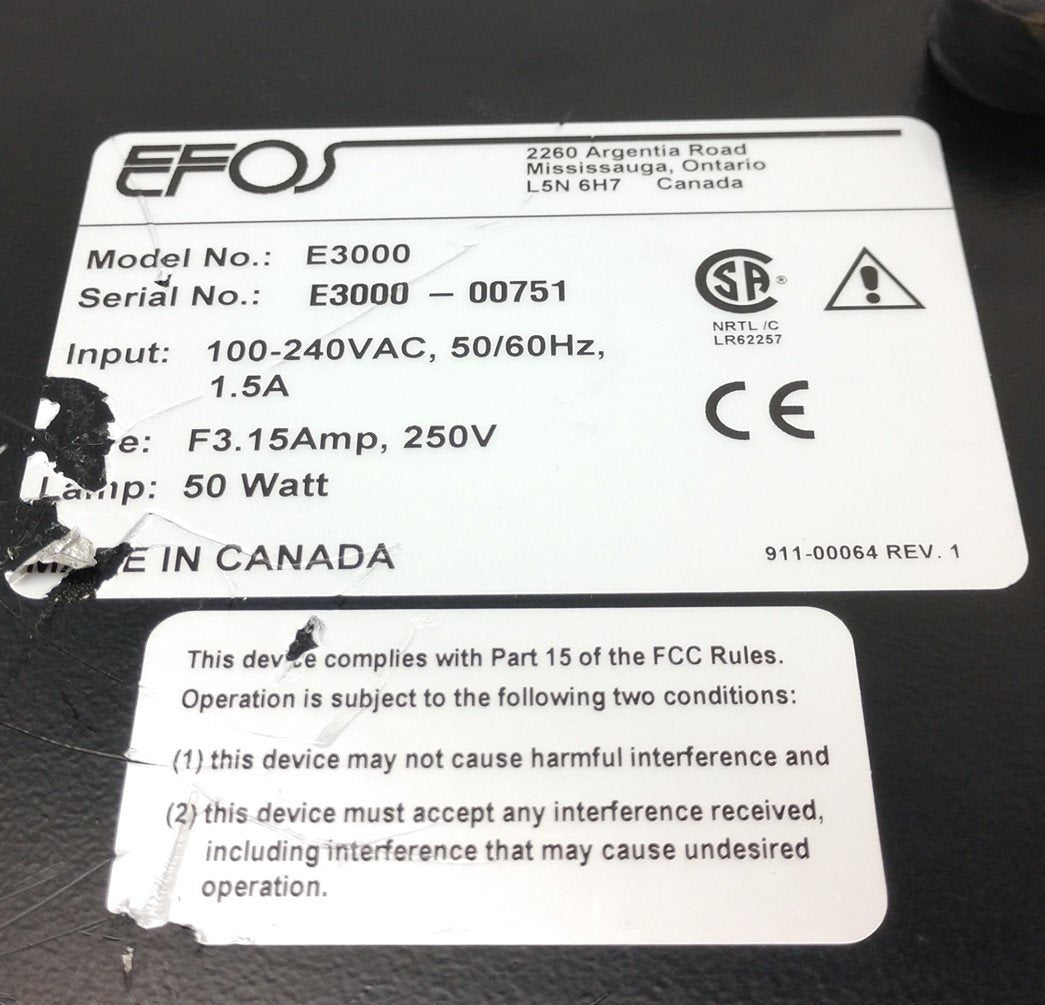 For parts or not working EFOS E3000 Lite UV Curing Light Source IN:100-240VAC, 50/60Hz, 1.5A * For Parts*