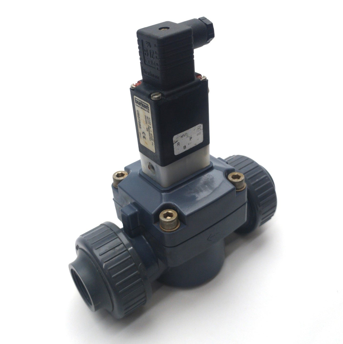Used Burkert US07585 Solenoid Diaphragm Valve, 2-Way, NC/NO, 7-87PSI, 1"NPT , 24VDC