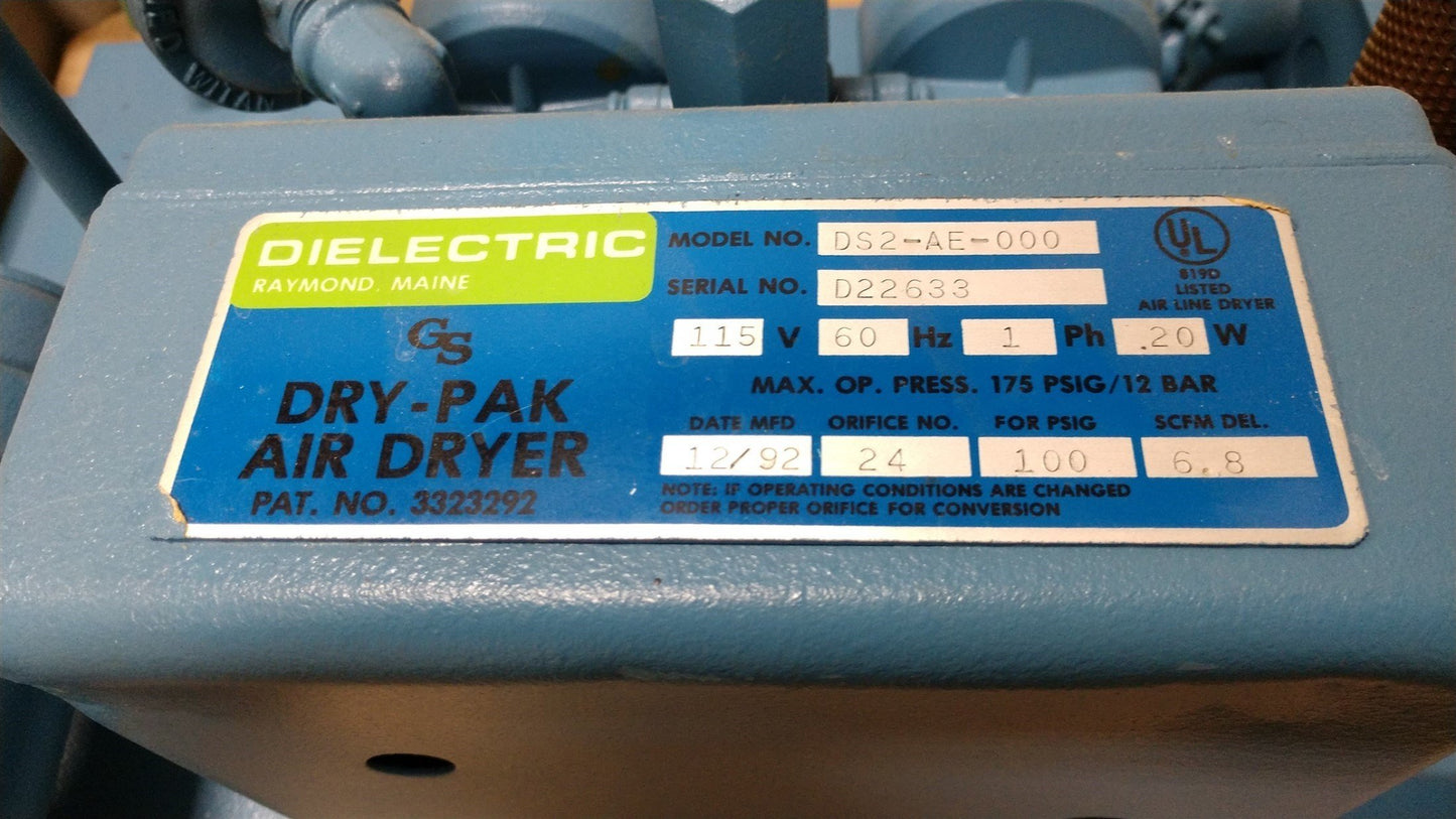 Used Dielectric DS2-AE-000 Dry-Pak Air Dryer 115V, 60Hz, 1Ph .2W, 100PSI, 6.8SCFM DEL