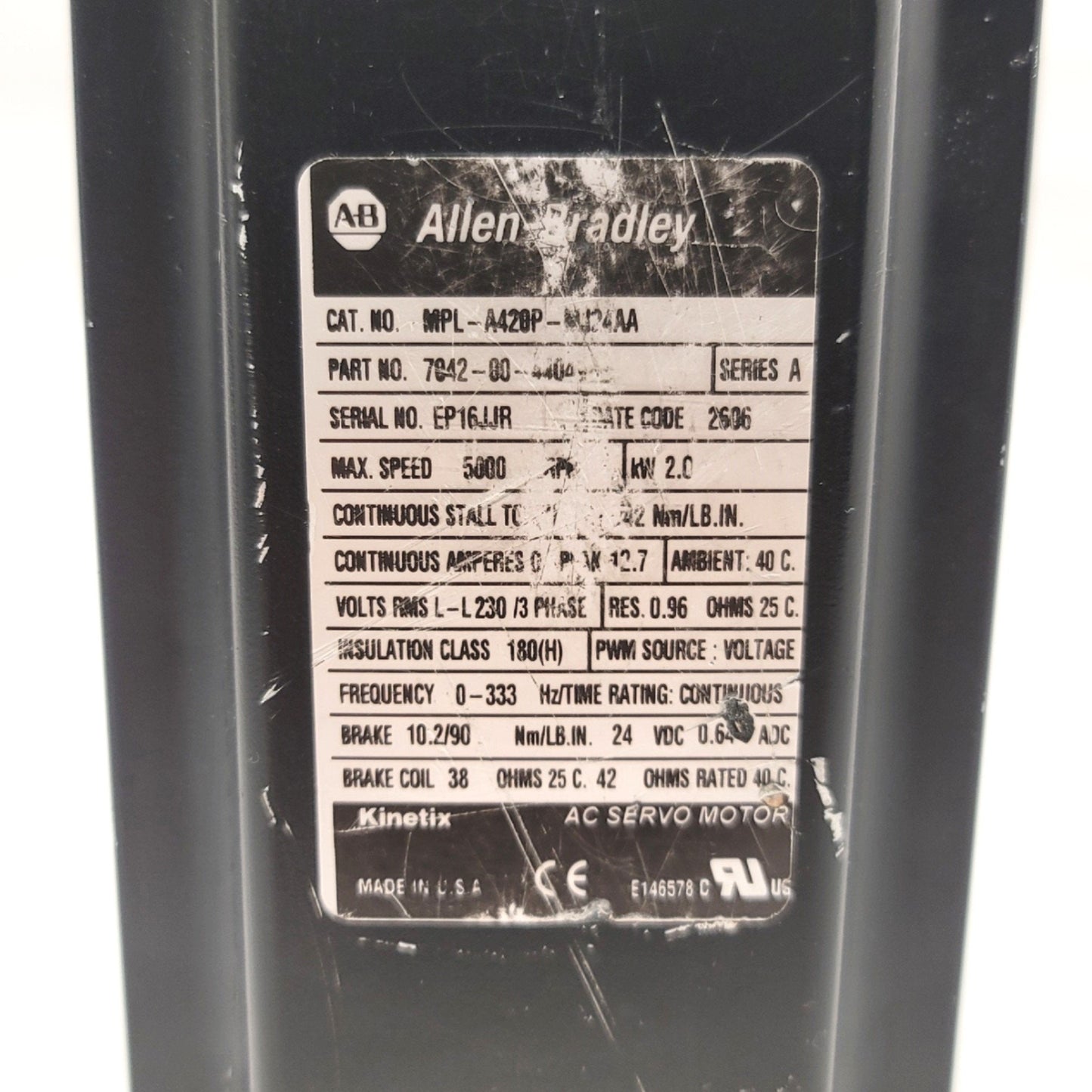 Used Allen Bradley MPL-A420P-MJ24AA AC Servo Motor, 240VAC, 3-Phase, 5000RPM