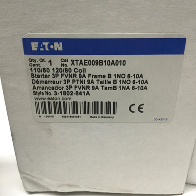 New Other Eaton XTAE009B10A010 3-Pole Motor Starter DOL 9A, 1NO 6-10A, 110-120VAC Coil