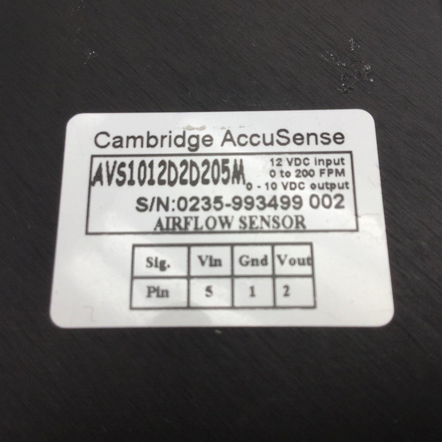 Used Cambridge AccuSense AVS1012D2D205M Air Flow Sensor, Voltage: 12VDC, 0-200 FPM