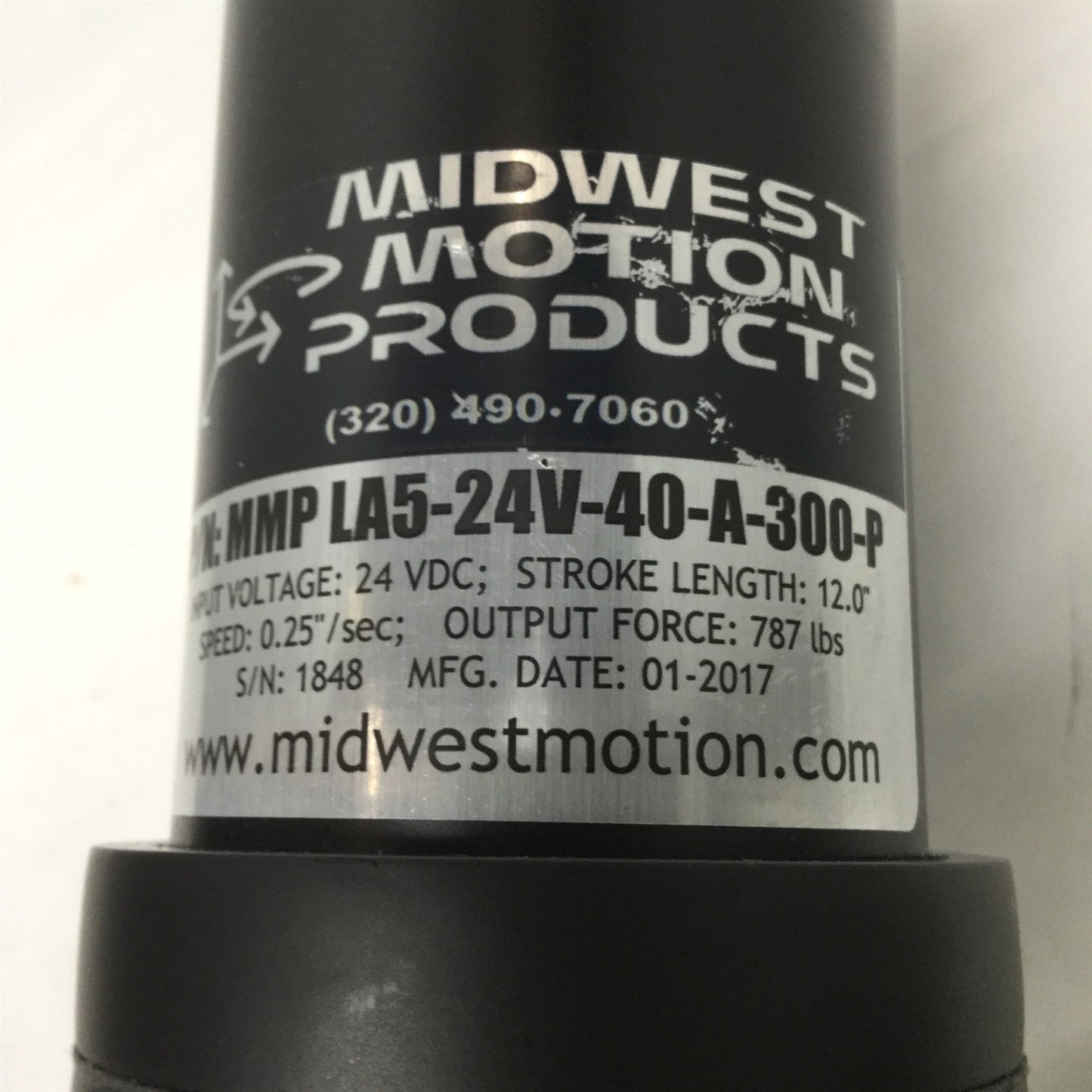 Used Midwest Motion MMP LA5-24V-40-A-300-P Linear Actuator 24VDC 12" Stroke, .25"/sec