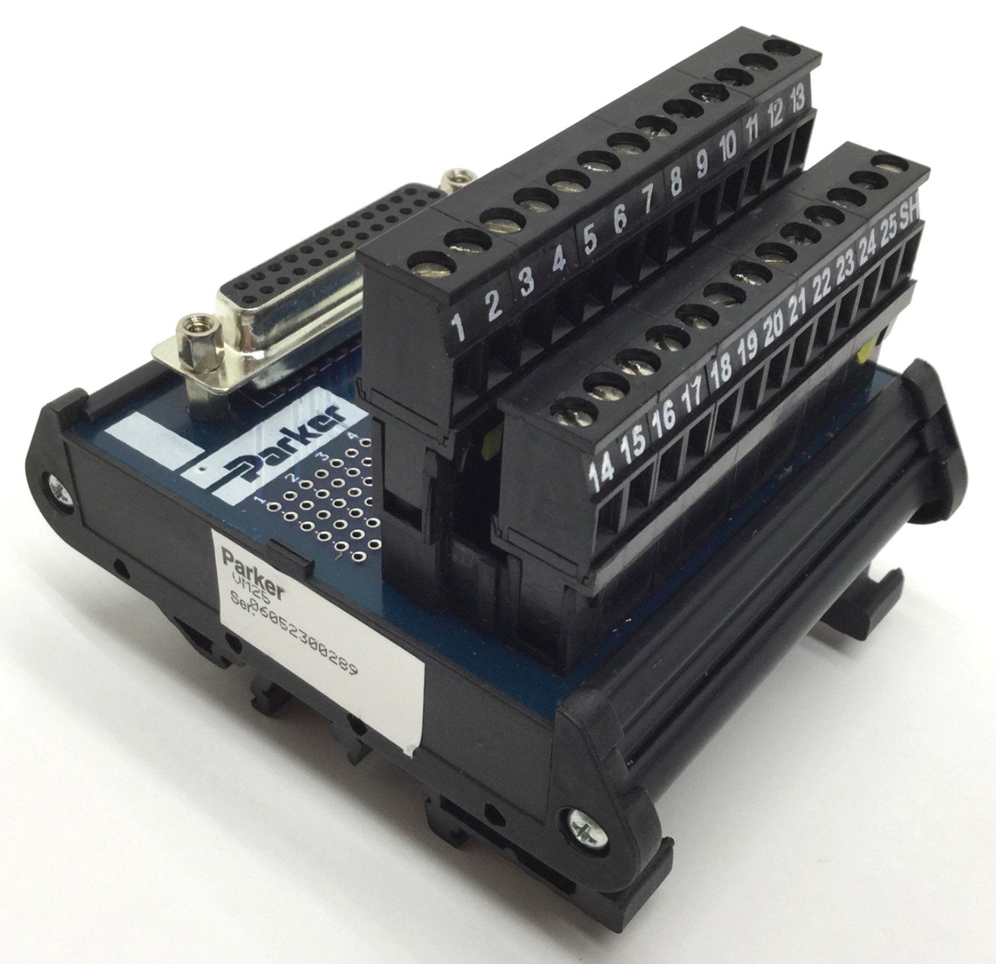 Used Parker VM25 PLC Breakout Board, DB25 to Screw Terminals, DIN Rail, With Cable