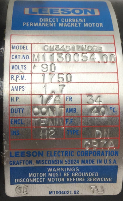 Used Leeson GM34D17NC6B Permanent Magnet Motor 1750 RPM, 90V, Fr: 34, 1.7A, 1/6 HP