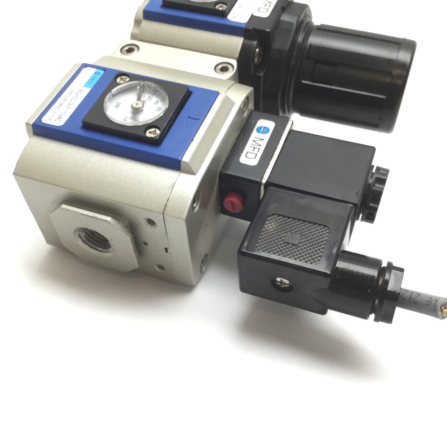 Used Bimba MGR300-08 Regulator with MGV300-08 Soft-Start Dump Valve, 1/4" NPT, 110VAC