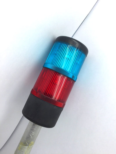 Used Telemecanique XVA-LC3 68mm Stack Light Tower, Red & Blue , Rod: 22.5", 3/4" NPT