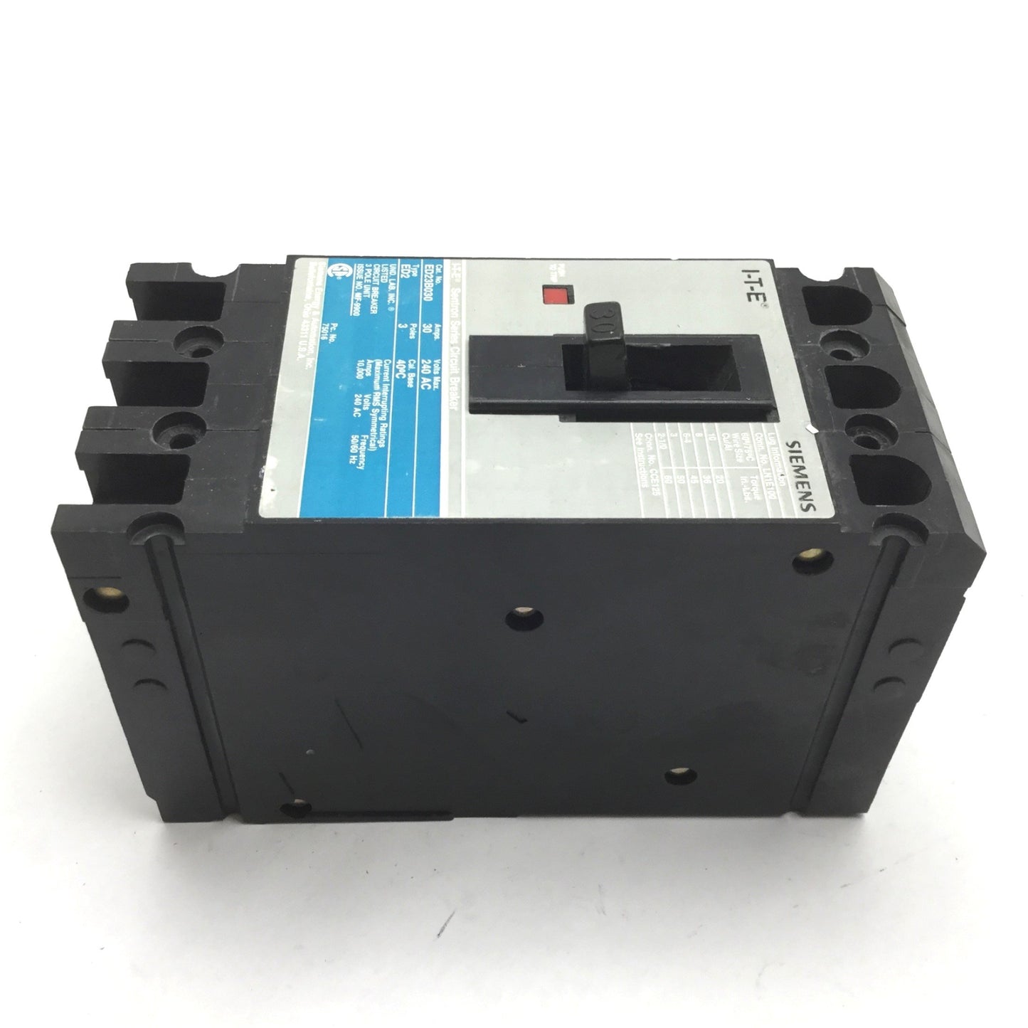 Used Siemens ED23B030 I-T-E Sentron Circuit Breaker 3-Pole, 30A 240VAC *Missing a Lug