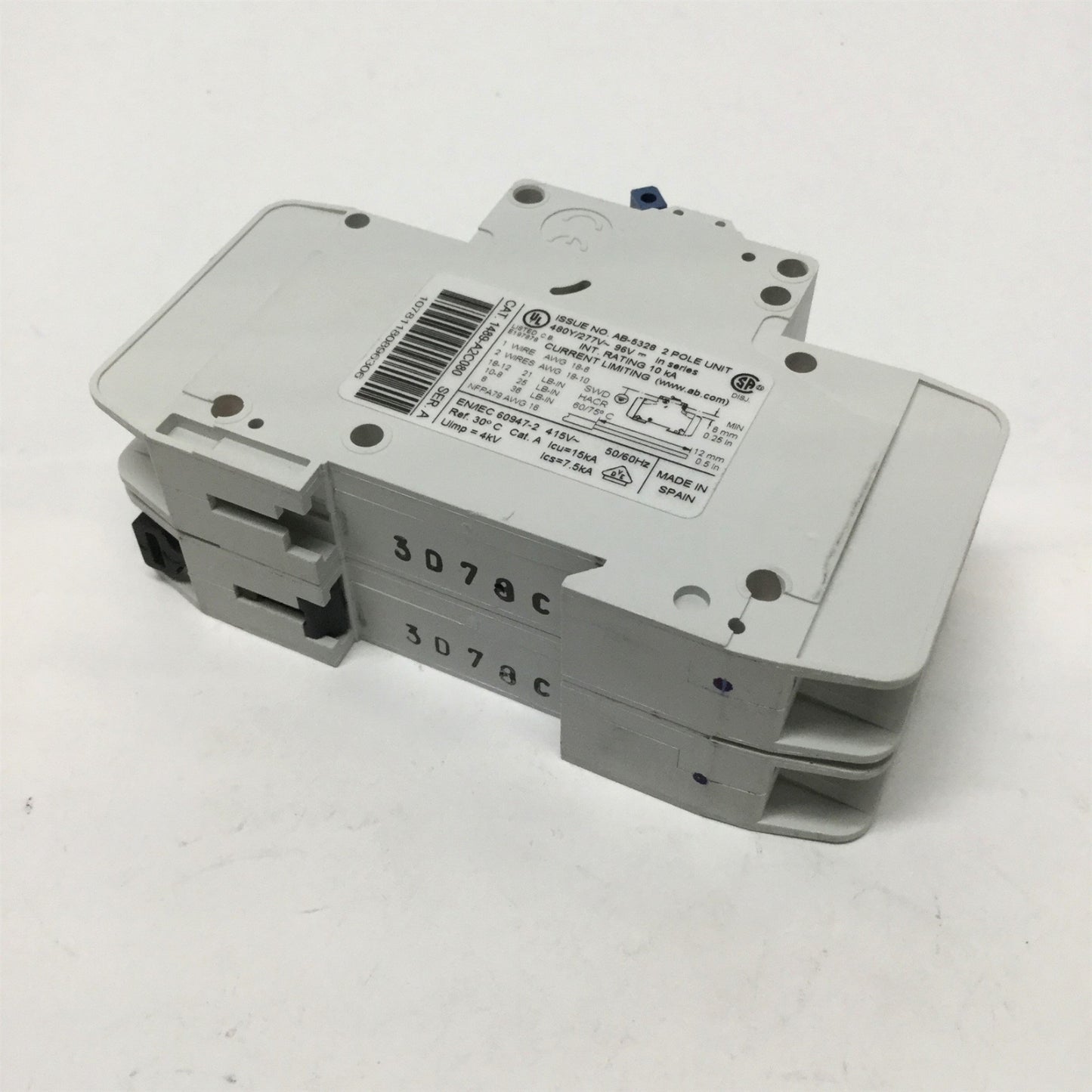 Used Allen-Bradley 1489-A2C080 Mini Circuit Breaker, 8A, 2-Pole, 480Y/277VAC, 48VDC