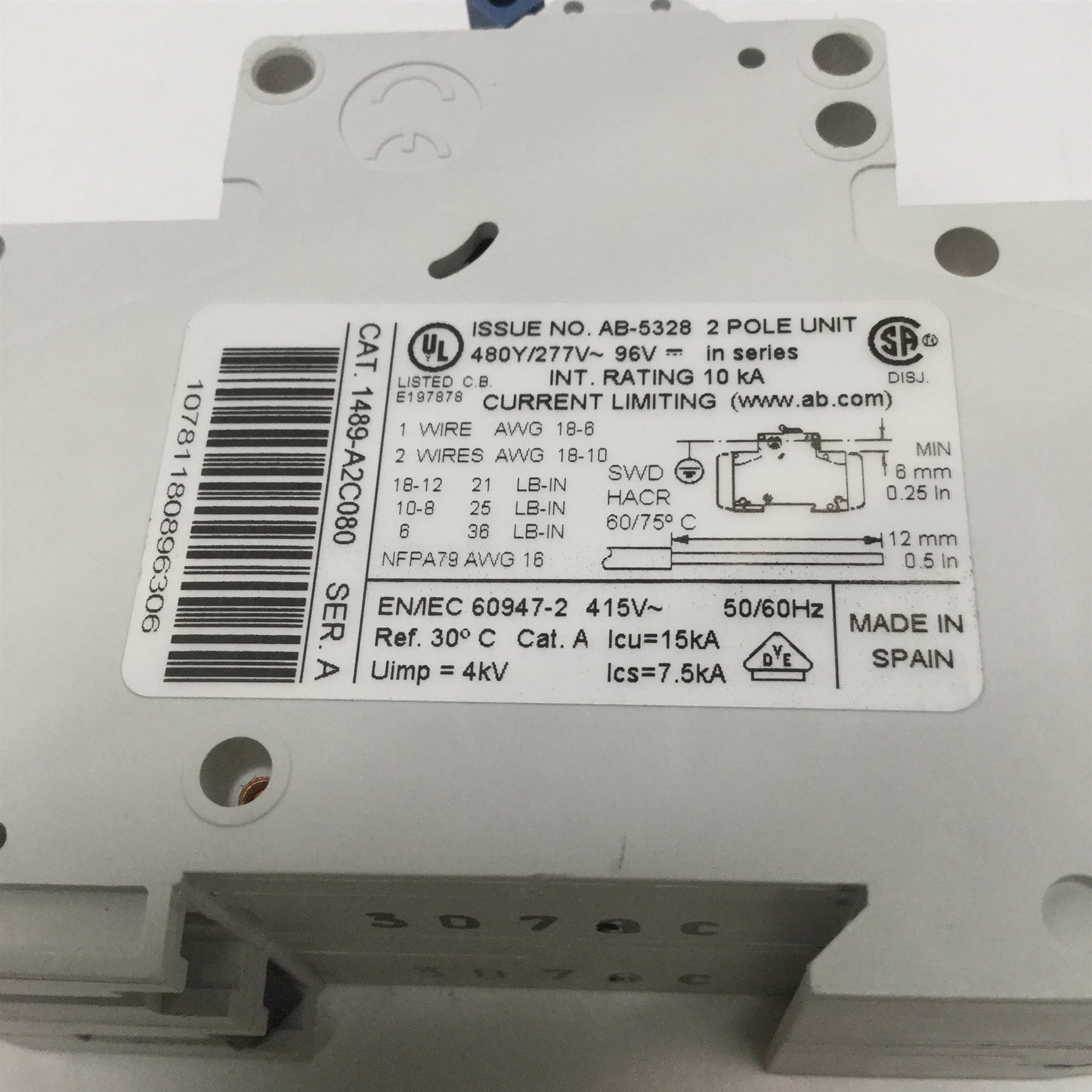 Used Allen-Bradley 1489-A2C080 Mini Circuit Breaker, 8A, 2-Pole, 480Y/277VAC, 48VDC
