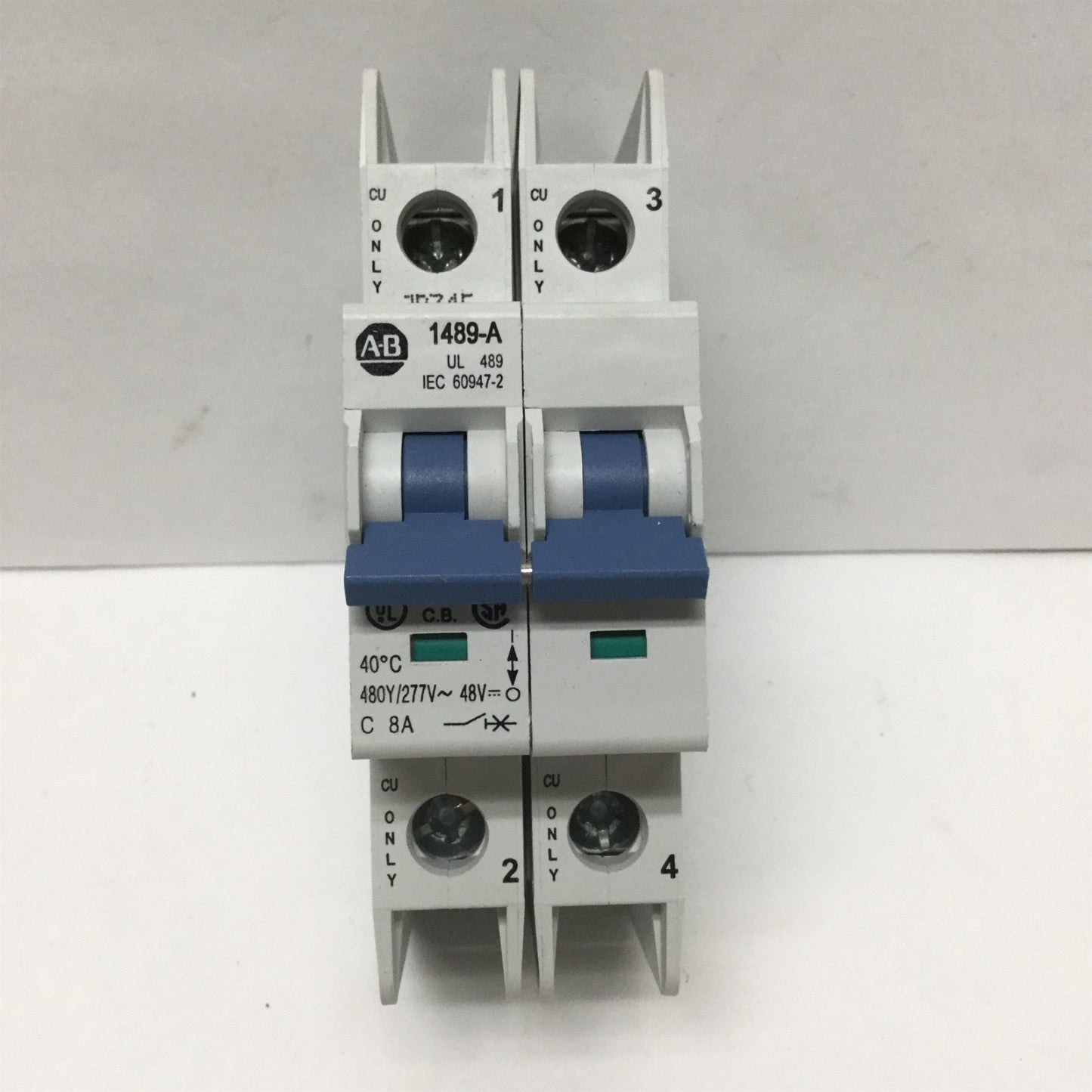 Used Allen-Bradley 1489-A2C080 Mini Circuit Breaker, 8A, 2-Pole, 480Y/277VAC, 48VDC