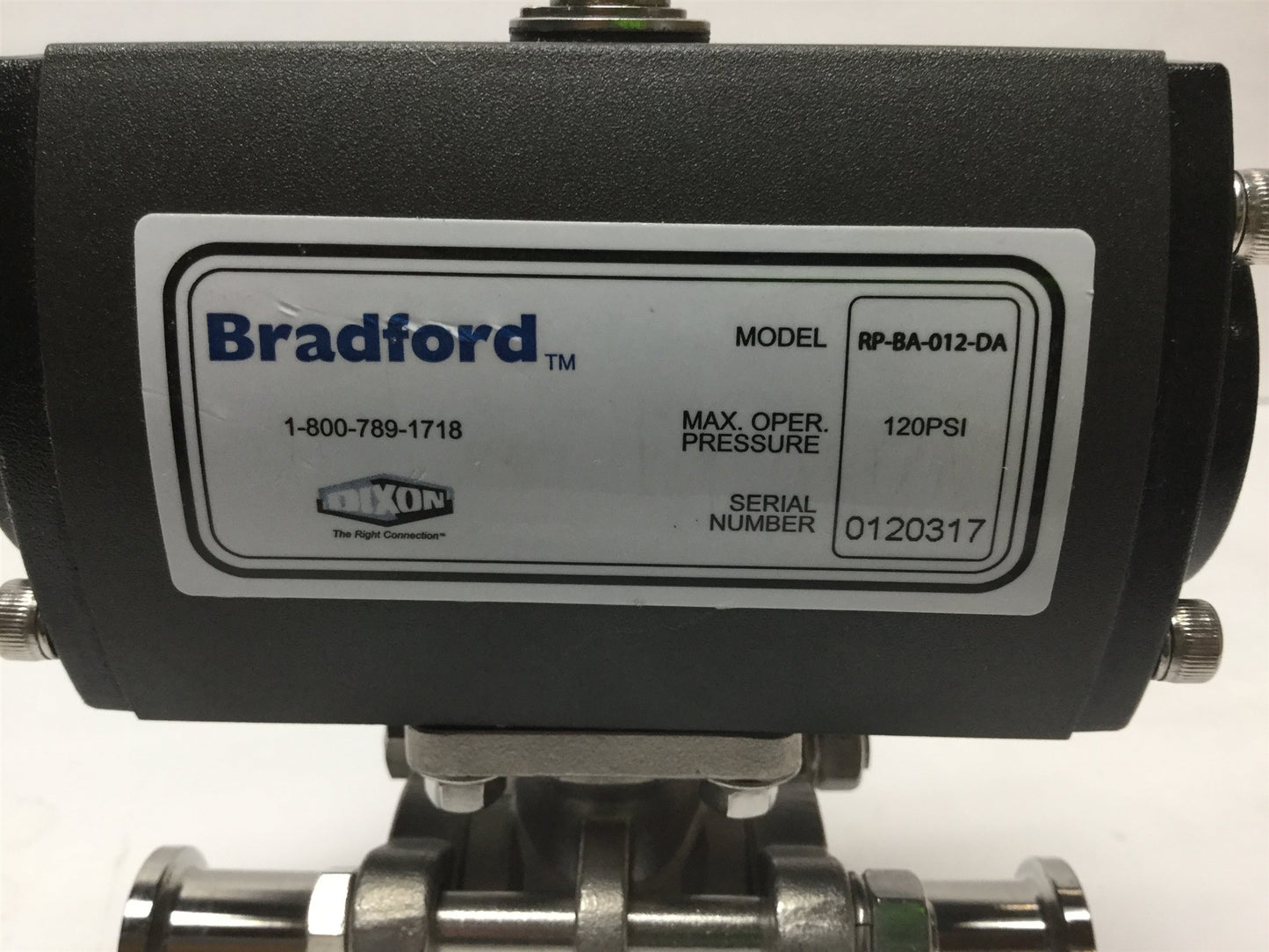 Used Dixon Bradford RP-BA-012-DA Double Acting Actuator w/ 3/4" Sanitary Ball Valve