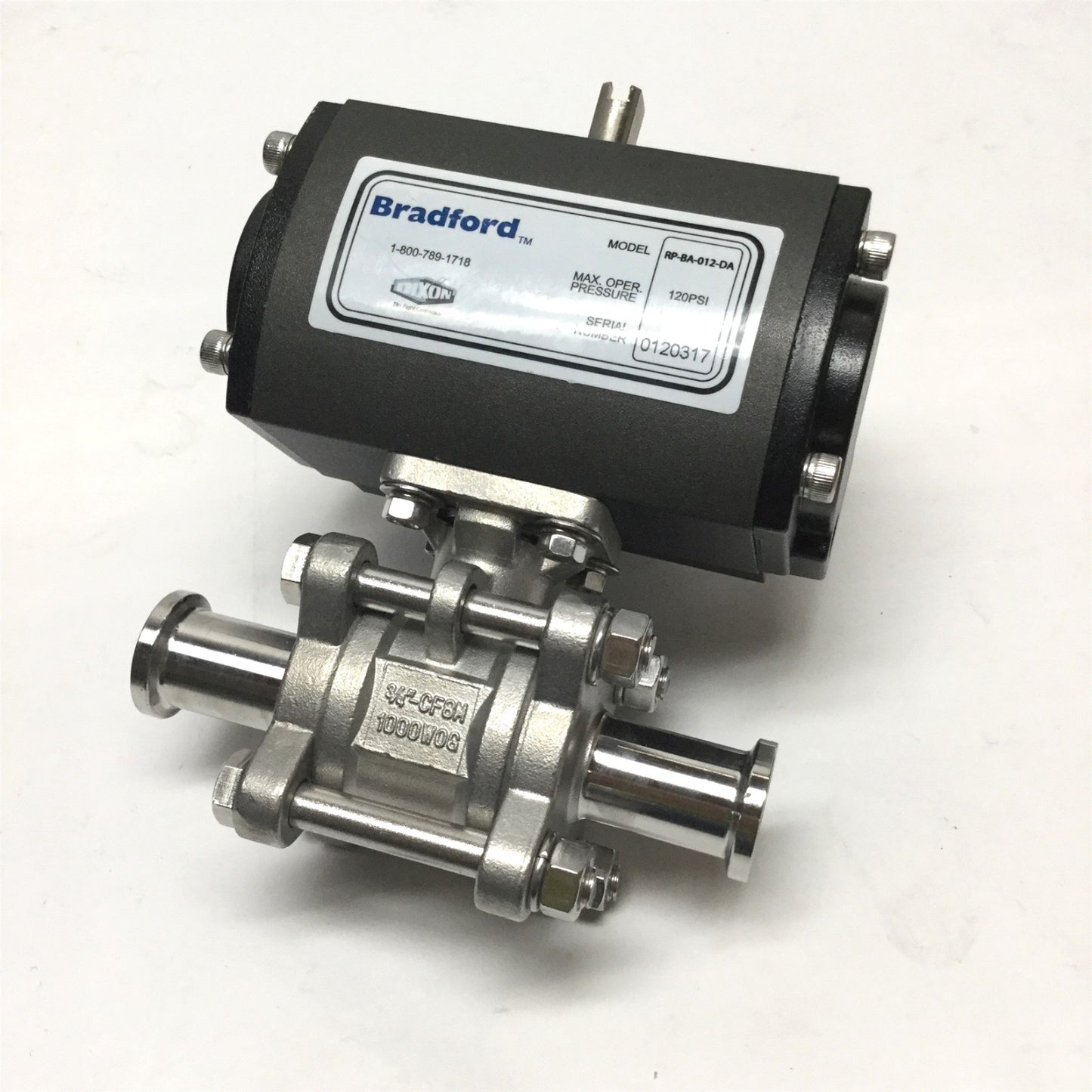 Used Dixon Bradford RP-BA-012-DA Double Acting Actuator w/ 3/4" Sanitary Ball Valve