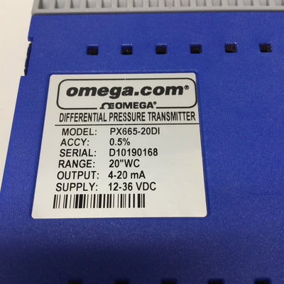 Used Omega PX665-20DI Differential Pressure Transmitter 12-36VDC, 20"WC Range, 4-20mA