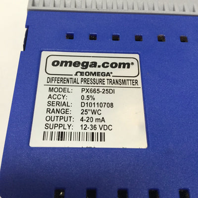Used Omega PX665-25DI Differential Pressure Transmitter 12-36VDC, 25"WC Range, 4-20mA