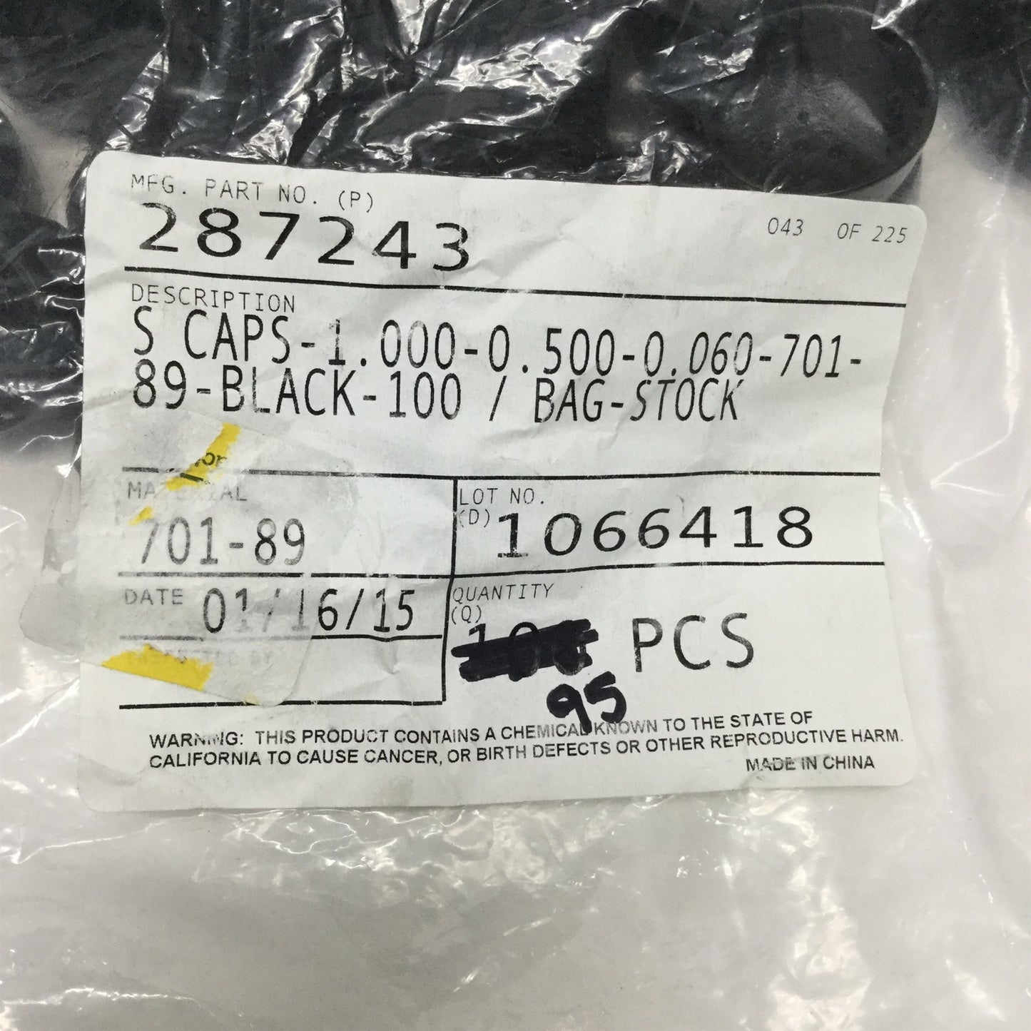 New – Open box StockCap Black Plastic Caps 701-89, 1" ID, (8x) 985057 3"L & (95x) 287243 1/2"L