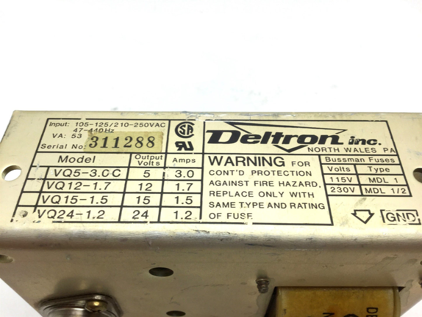 Used Deltron VQ24-1.2 Power Supply, In: 105-250VAC, Out: 24VDC 1.2A