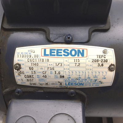Used Leeson 110009.00 C6C11FB1B AC Motor, Frame 56, 1/3HP, 115VAC 208-230VAC, 5/8"