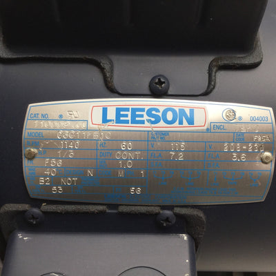 Used Leeson 110009.00 C6C11FB1C AC Motor, Frame 56, 1/3HP, 115VAC 208-230VAC, 5/8"