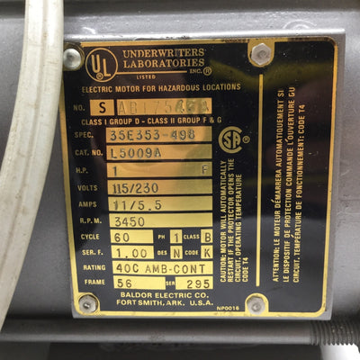 Used Baldor L5009A Electric AC Motor 1HP, 3450RPM, Voltage: 115/230, 11/5.5A