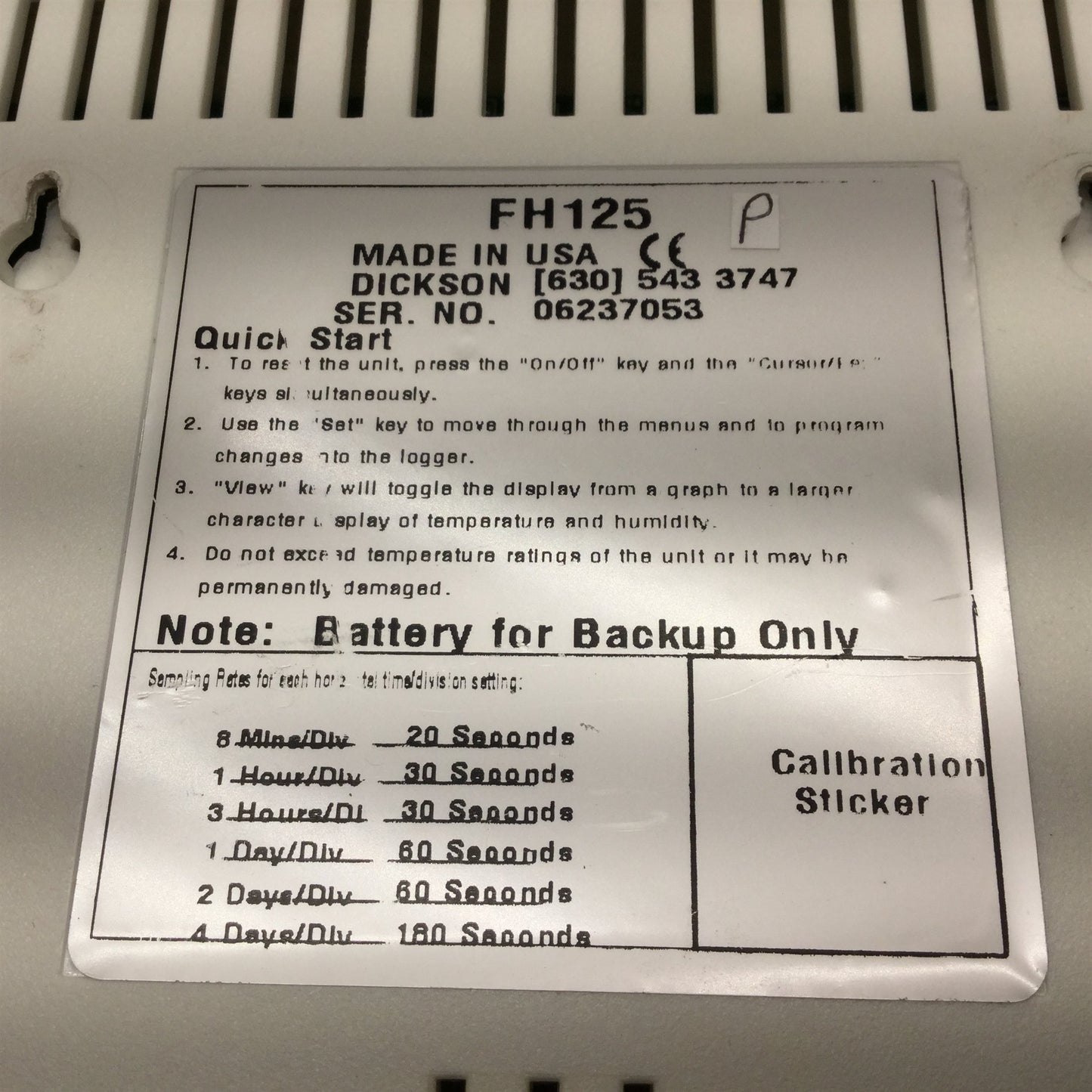 Used Dickson FH125 Temperature & Humidity Data Logger, With Power Cable, 120VAC