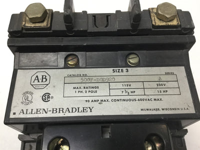 Used Allen Bradley 500F-DOD920 Ser A Motor Starter, 2-Pole, 120VAC Coil, Size 3, 15HP