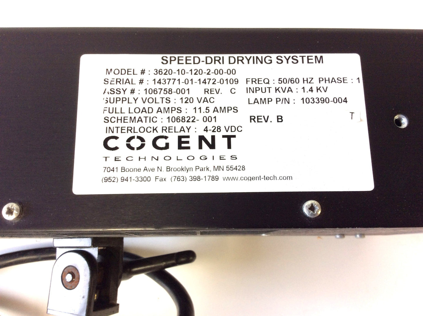 Used Cogent Technologies Speed-Dri 3620 Ink Infrared Convection Drying System, 120VAC