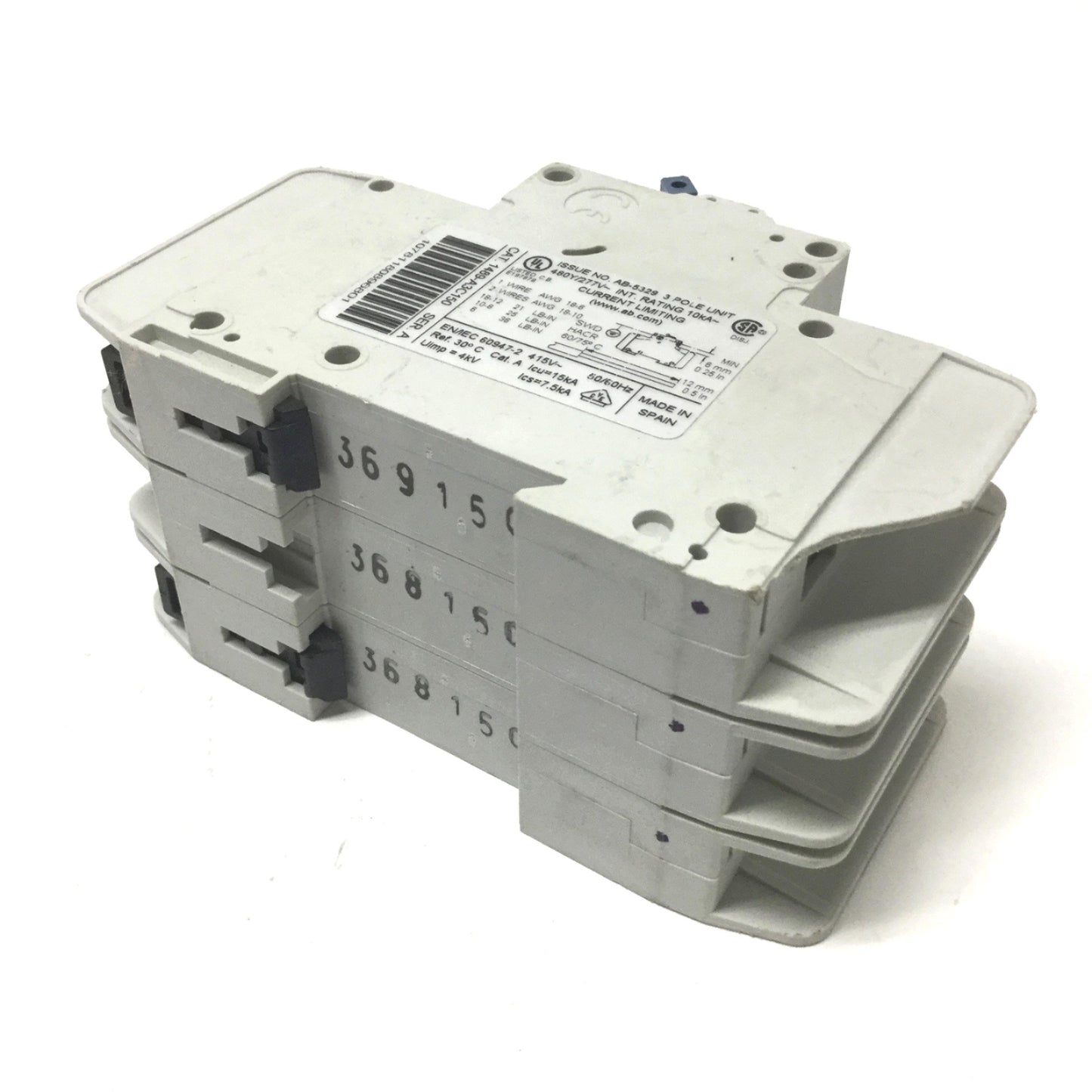 Used Allen-Bradley 1489-A3C150 Circuit Breaker C-Curve, 15A, 3-Pole, 480Y/277VAC