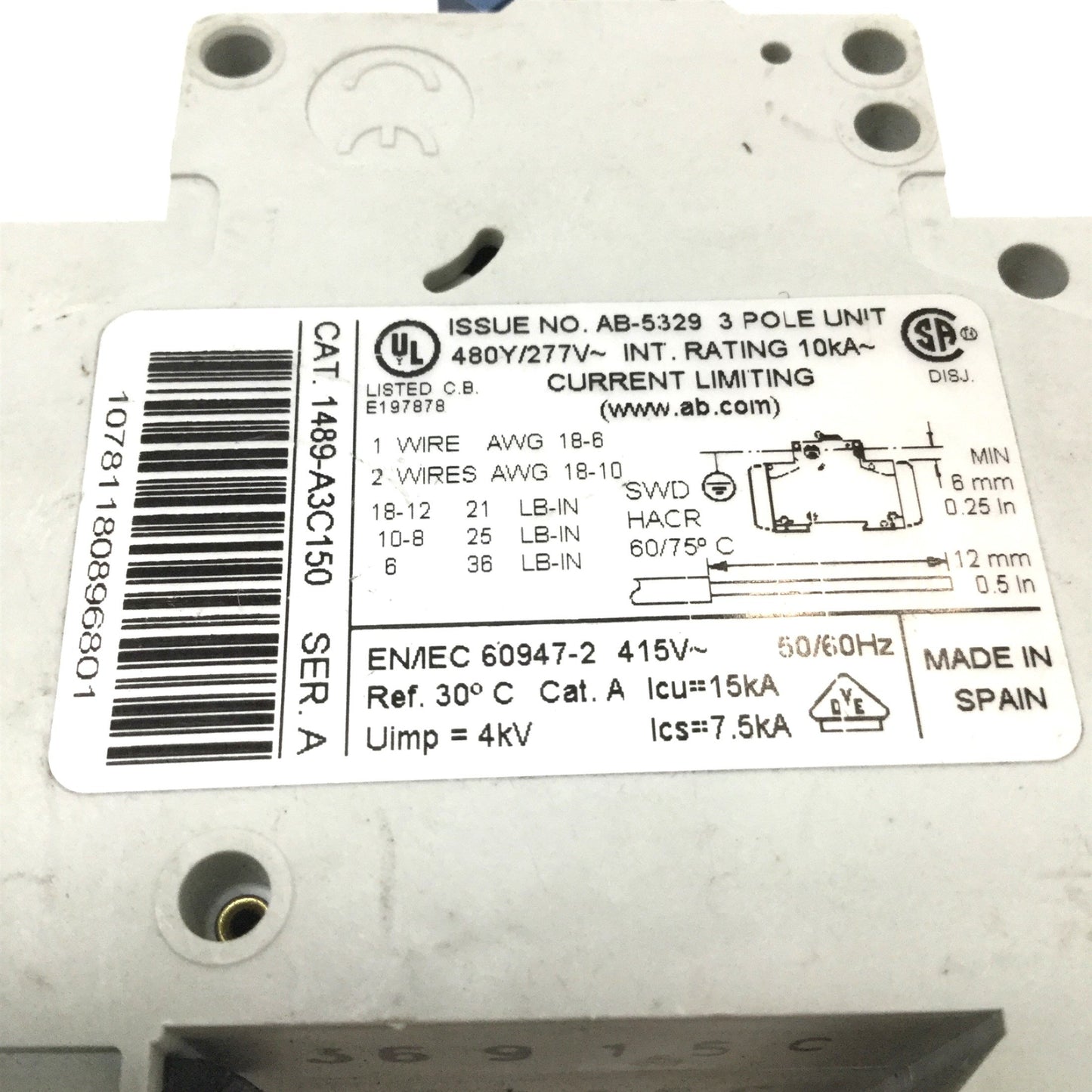 Used Allen-Bradley 1489-A3C150 Circuit Breaker C-Curve, 15A, 3-Pole, 480Y/277VAC