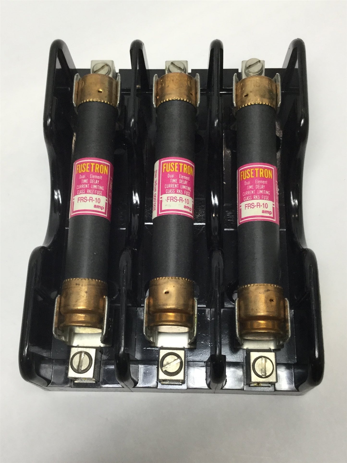 Used Bussmann 1B0032 Fuse Holder Block 3-Pole 30A 600V w/ 3x FRS-R-10 Time Delay 10A