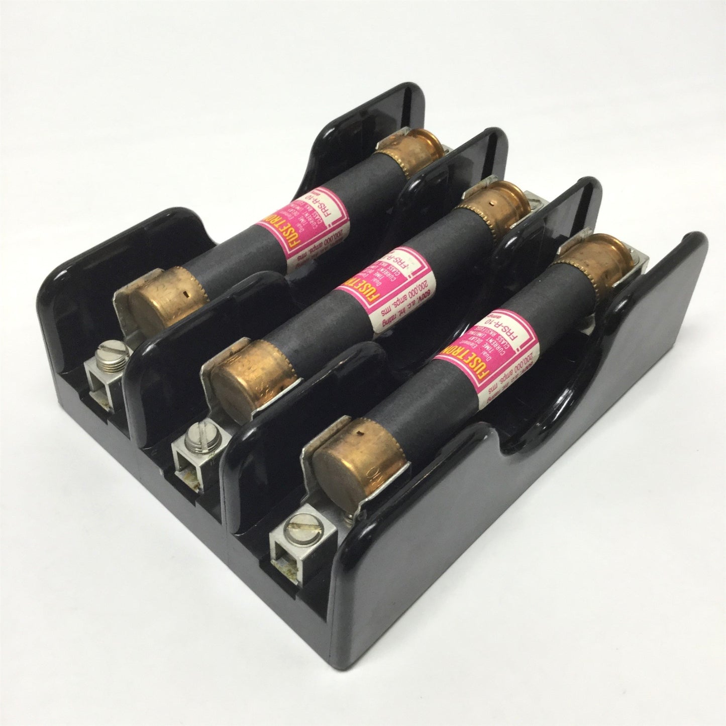 Used Bussmann 1B0032 Fuse Holder Block 3-Pole 30A 600V w/ 3x FRS-R-10 Time Delay 10A