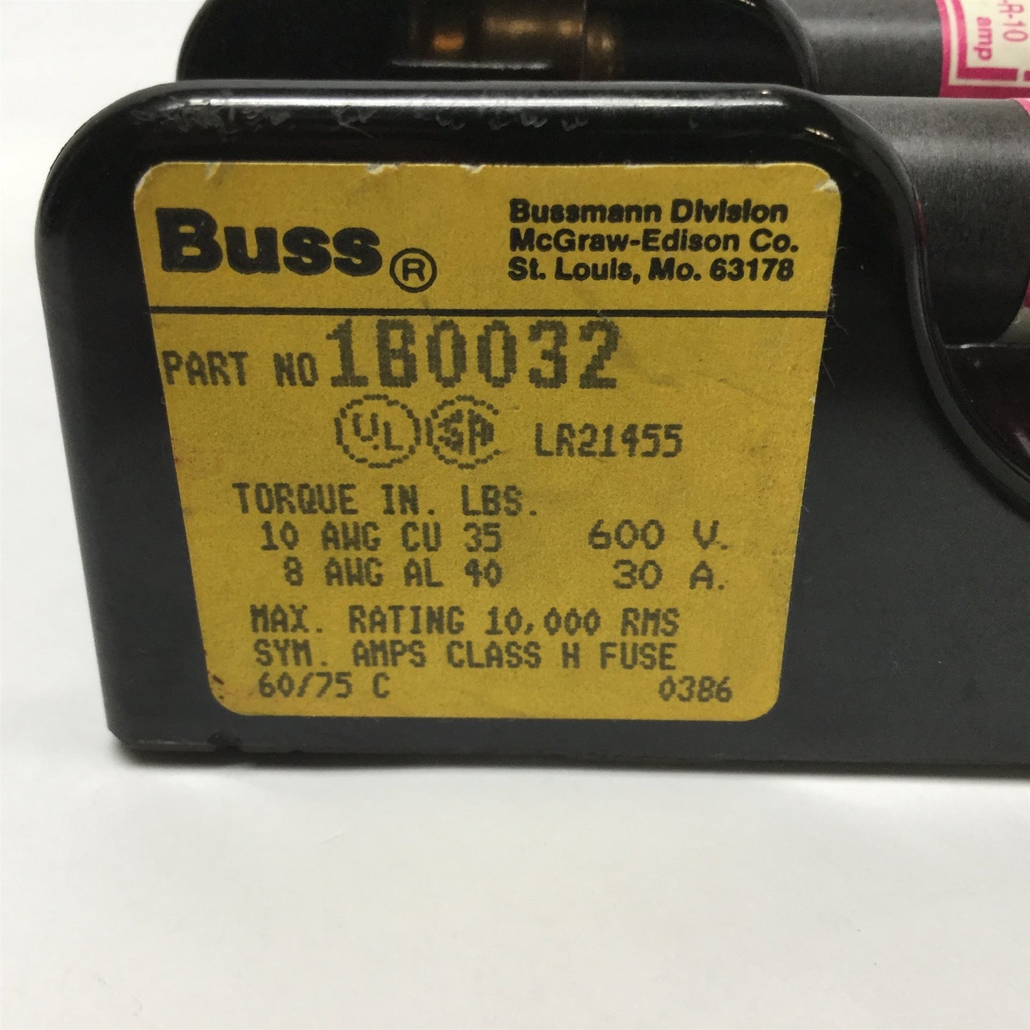 Used Bussmann 1B0032 Fuse Holder Block 3-Pole 30A 600V w/ 3x FRS-R-10 Time Delay 10A