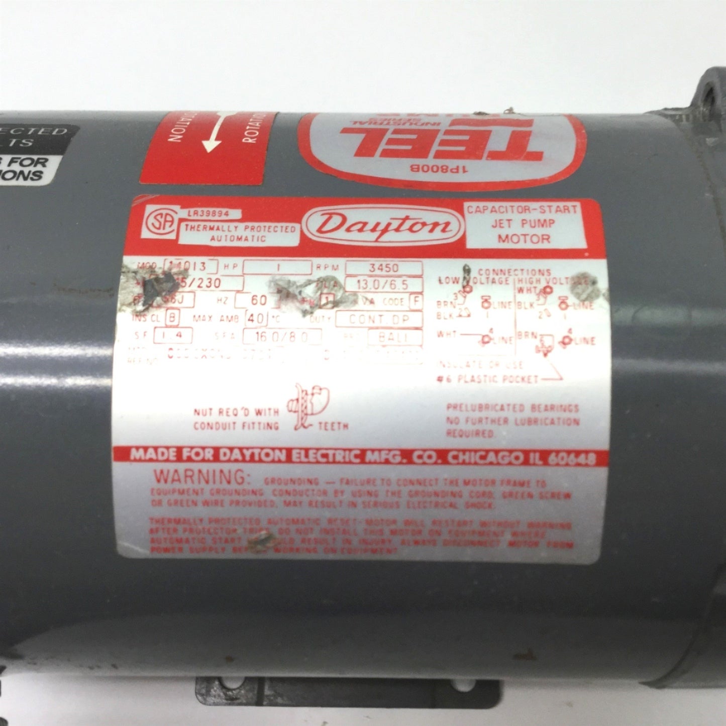 Used Dayton/Teel 1P800B 304 SS Centrifugal Pump 1 HP 1 Phase 115/230 VAC 1 1/2" NPT