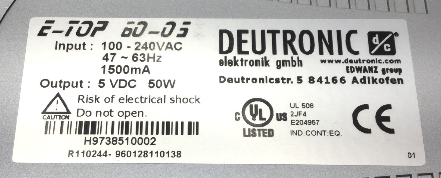 Used Deutronic E-top 60-05 Power Module, 100-240VAC, 47-63Hz, 1500Hz, Out: 5VDC, 50W