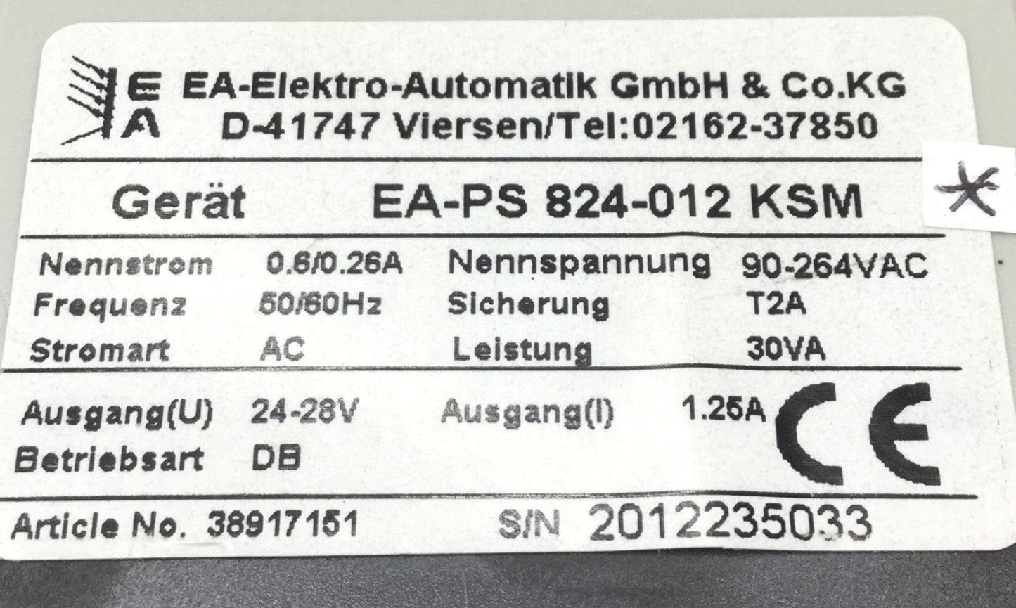Used EA-PS 824-012 KSM Power Supply, Output: 24...28VDC 30W, Input: 90-264VAC 1.25A