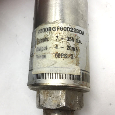 Used Gems 2200BGF600223DA Pressure Transducer, 7-35VDC, 0-60PSI, Output: 4-20mA