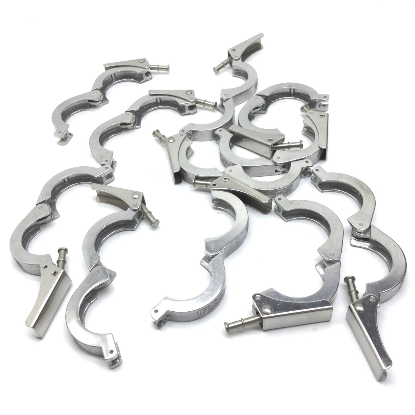 Used Lot of 11 Miscellaneous 2-1/2" Single-Pin Vacuum Latch Tri-Clamps, ID: 1-7/8"