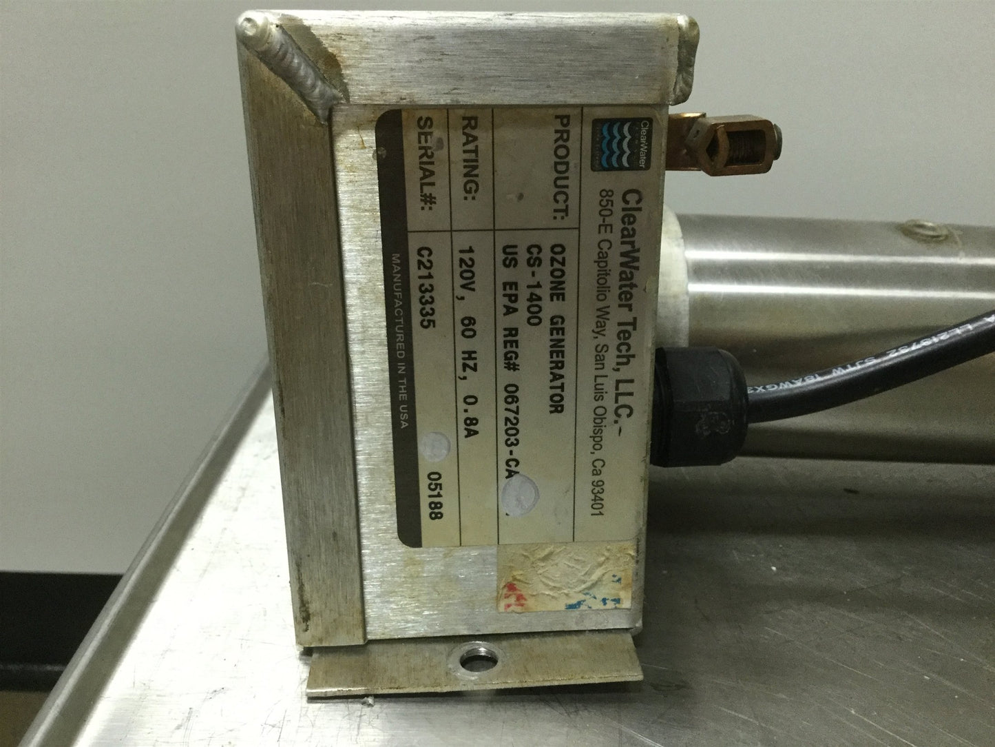 Used ClearWater Tech CS-1400 Ozone Generator 0.5 Grams/Hour 30SCFH, 120VAC 60Hz 0.8A
