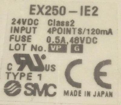 Used SMC EX250-IE2 Input Module, 24VDC, Input: 4 Points/120mA, Class 2