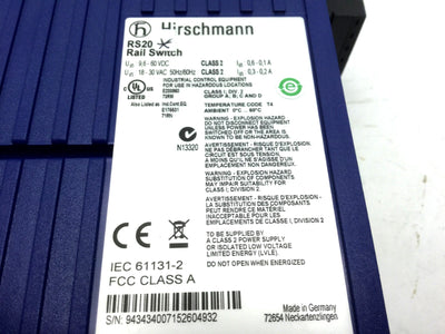 Used Hirschmann RS20-0400T1T1SDAEHH04.2.05 Din Rail Ethernet Switch 4 Ports 10/100