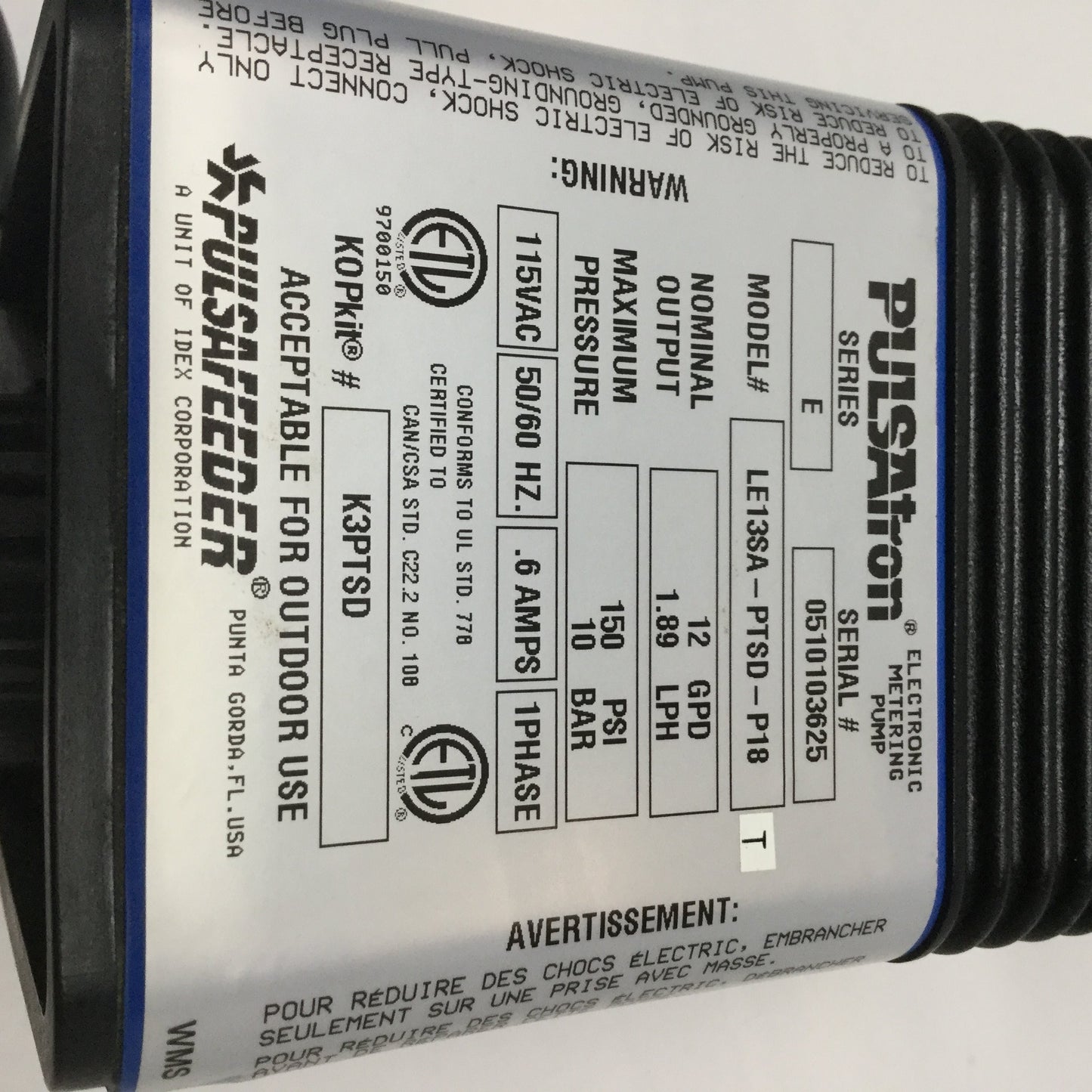 Used Pulsafeeder LE13SA-PTSD-P18 PULSAtron Electronic Metering Pump 150psi, 1.8LPH