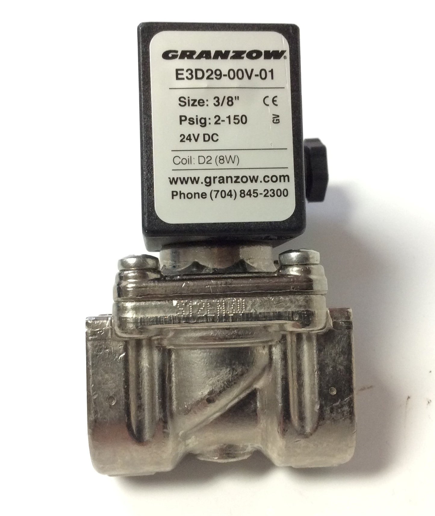 Used Granzow E3D29-00V-01 Solenoid Valve 2-Way NC 24VDC 3/8" NPT 7/16" Orif 2-150PSI