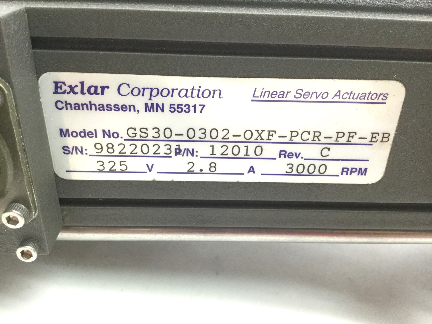 Used EXLAR GS30-0302-OXF-PCR-PF-EB Electric Linear Actuator, Stroke: 3", 3" Frame