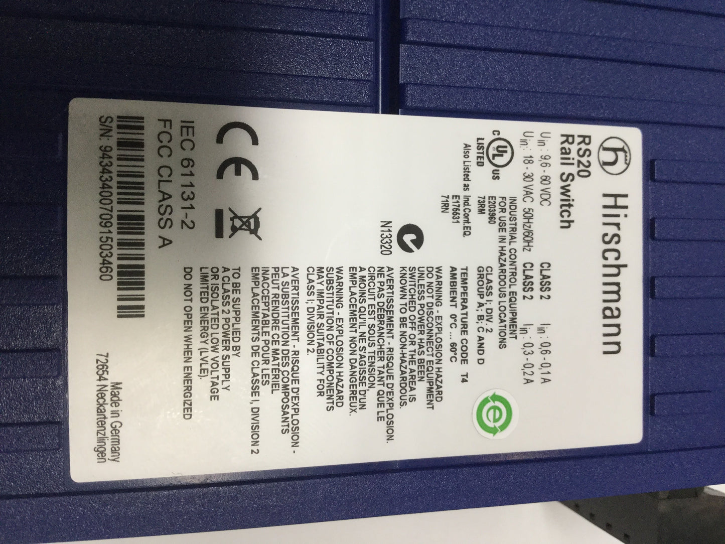 Used Hirschmann RS20-0400T1T1SDAEHH04.0.01 Managed DIN Ethernet Rail Switch, 4-Port