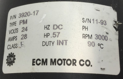 Used ECM Motor 3920-17 Dual Shaft DC Motor, 28A, .57 HP, 3000 RPM, Duty: Int