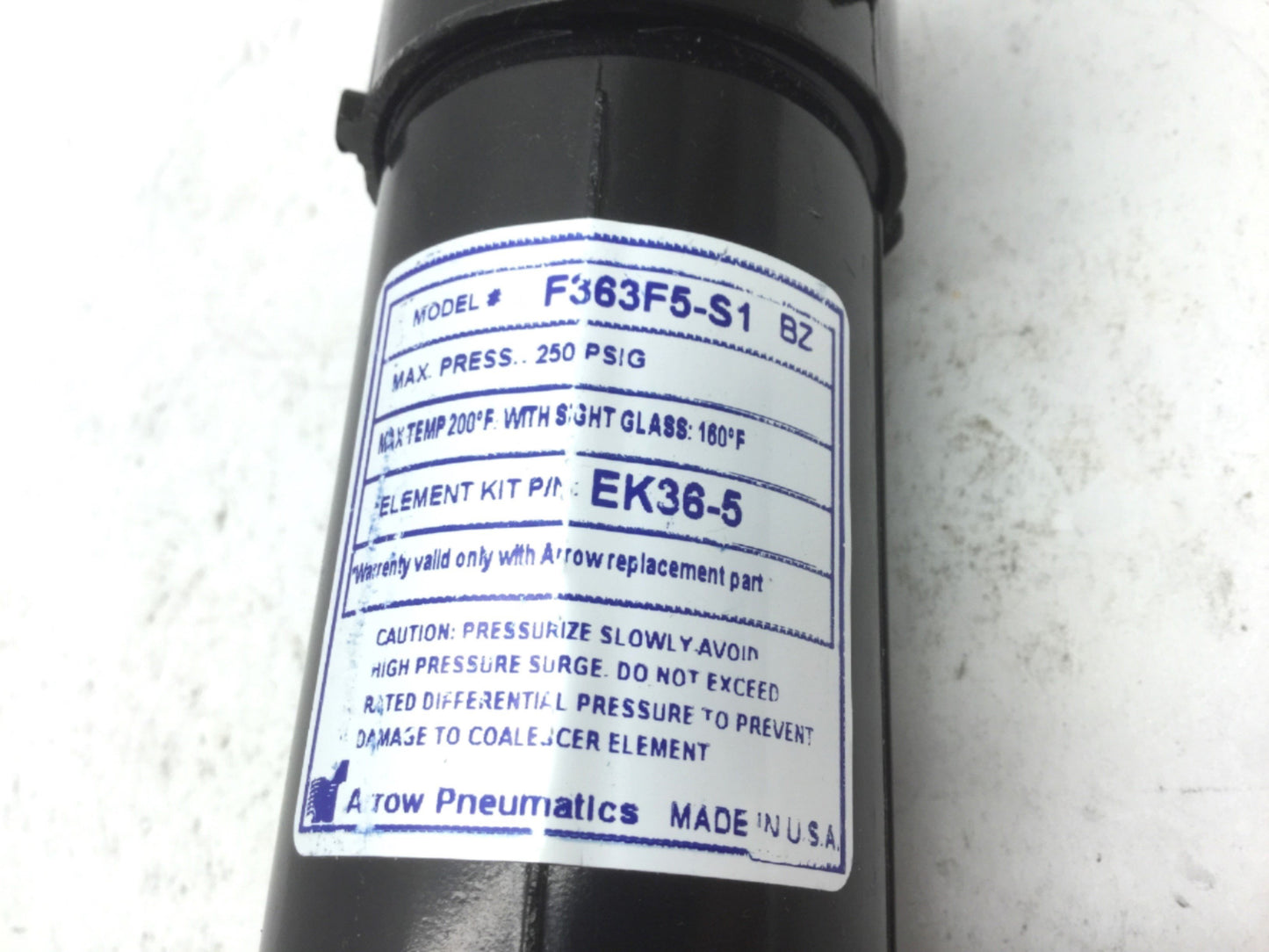 Used Arrow F363F5-S1 Drain Filter, Pressure Rating: 250psi, Ports: 3/8" NPT