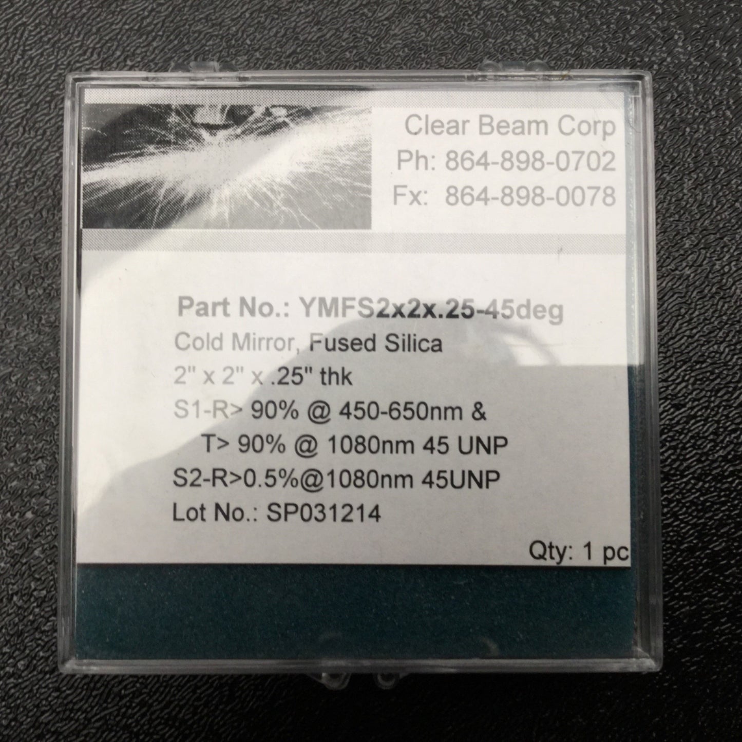 New Clear Beam Corp YMFS2x2x.25-45deg YAG Cold Mirror, Fused Silica, 2"x2"x0.25"
